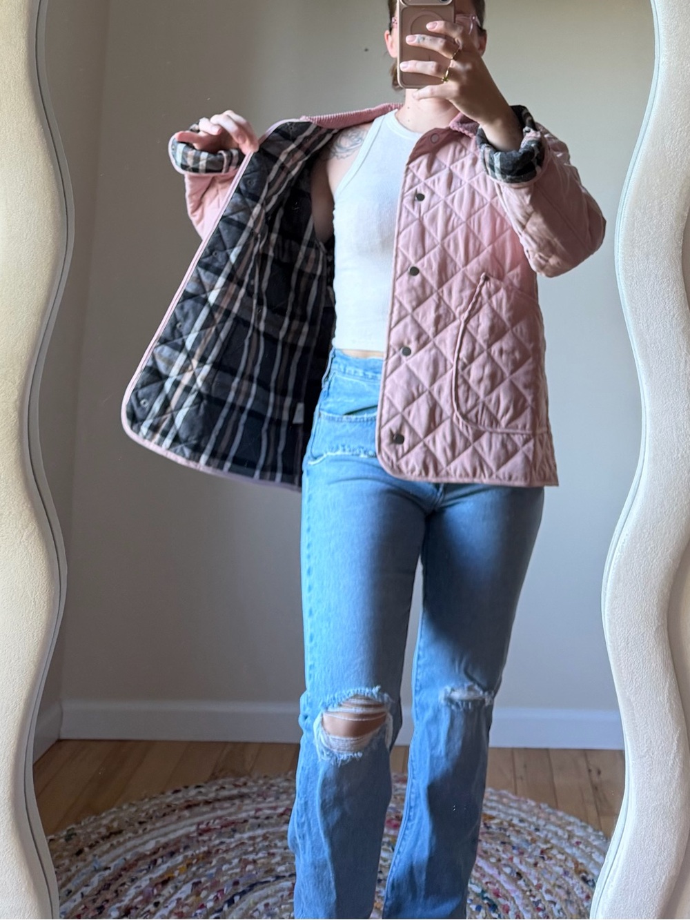 Mystree Quilted Light Pink Jacket with Plaid Lining